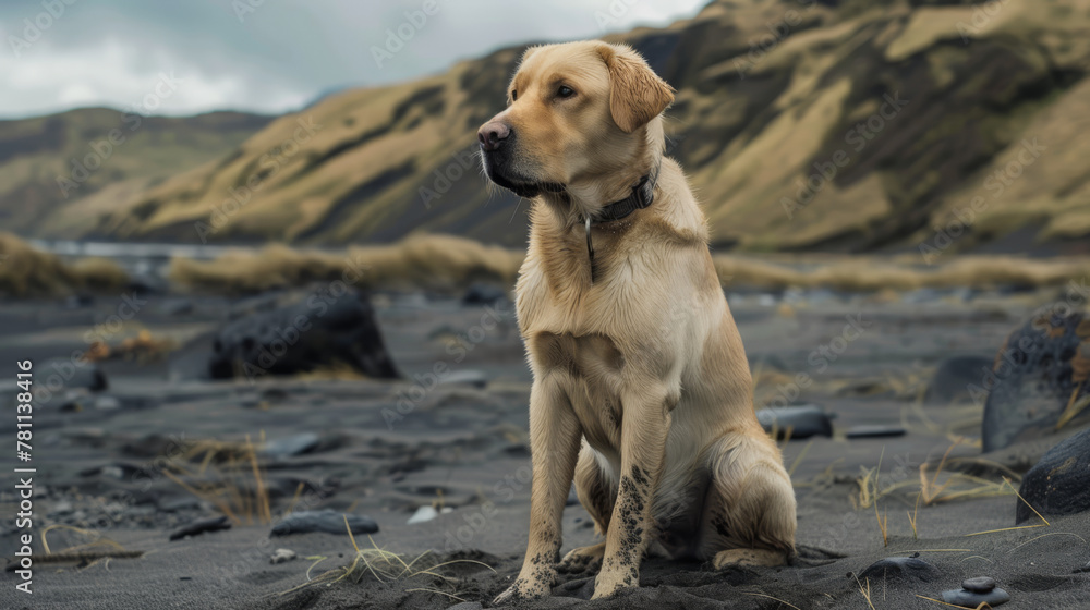 Labrador dog sits on the black sandy beach of the sea against the backdrop of sun loungers. Concept of summer adventures of a purebred dog on a sea vacation.