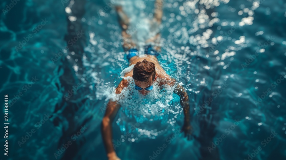 Aerial top view of a male swimmer propelling forward with powerful strokes in clear blue swimming pool waters, showcasing athletic skill and determination.