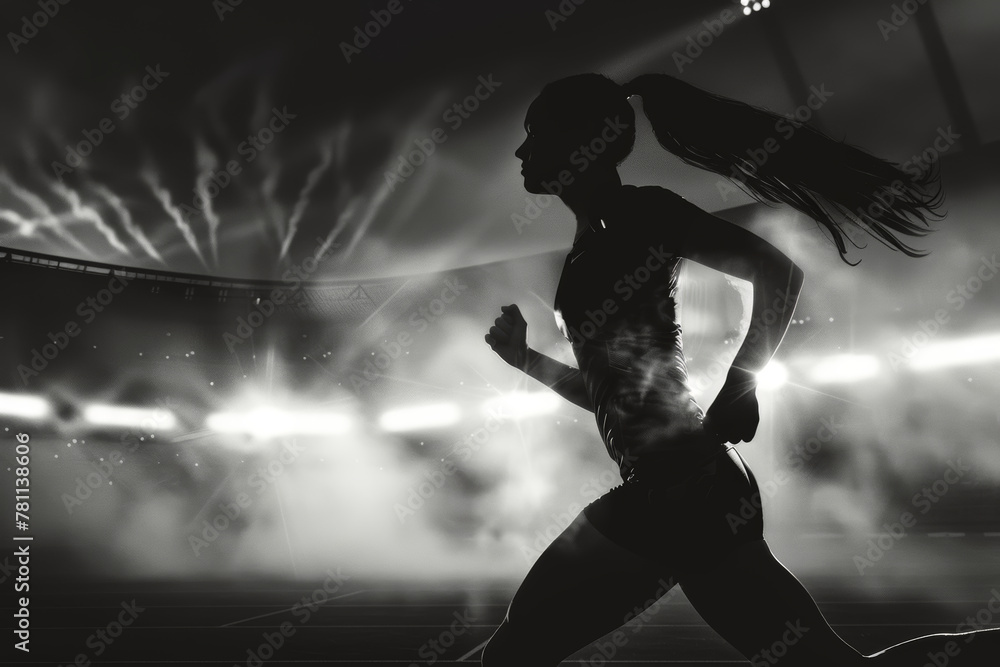 A young woman runs at an athletics competition against the backdrop of spotlights. Abstract illustration.