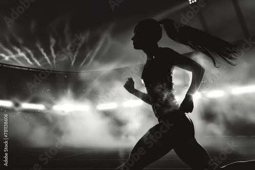 A young woman runs at an athletics competition against the backdrop of spotlights. Abstract illustration.