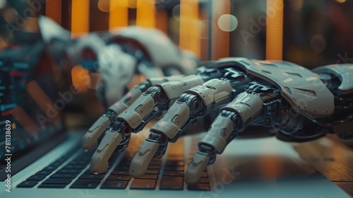 Close-up image of an advanced robotic hand interacting with a laptop keyboard, set against a blurred high-tech background, illustrating concepts of artificial intelligence and automation.