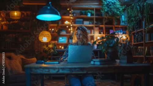 Focused female chief engineer works diligently on her laptop amidst the warm ambiance of a cozy, plant-filled office space at night. © AS Photo Family