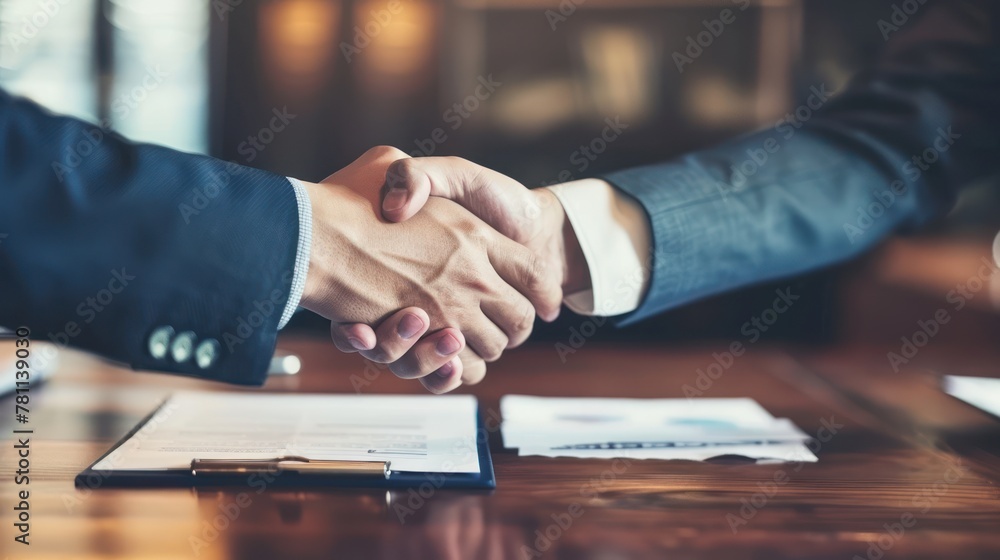 Two businessmen shaking hands over a contract document, sealing a successful partnership agreement. 