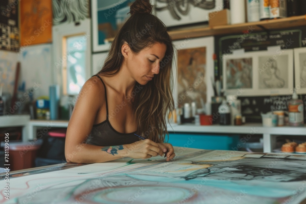 Young Female Artist Drawing in Bright Art Studio - Creativity and Concentration Young Female Artist Drawing in Bright Art Studio - Creativity and Concentration