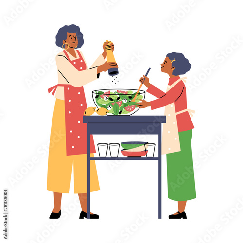 Vector illustration of a mother and daughter dressed in aprons having fun cooking salad togethe