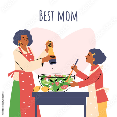 Vector illustration depicting a delightful scene in the kitchen where mom and daughte lat-style image on a white background