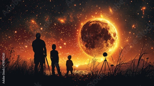 Family Stargazing Adventure - Father and Children Marveling at a Magnificent Celestial Event at Dusk