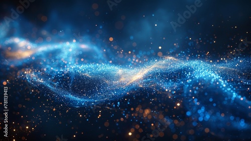 Light glitter background effect with blue glow and sparkles. Magical stardust light sparks in explosion on black background. Modern illustration. photo