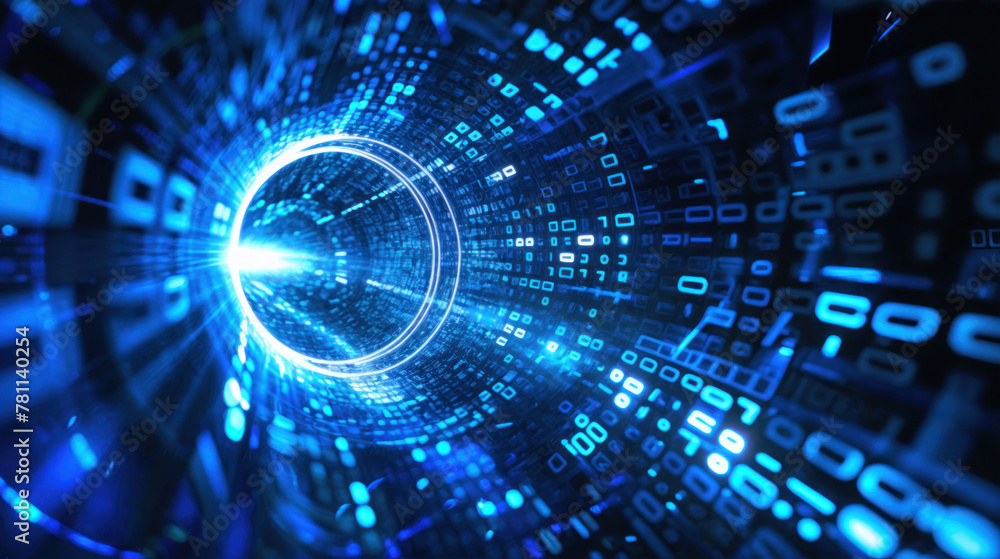 Mesmerizing view of a digital data tunnel illuminated in blue light showcasing binary code patterns representing cyberspace and technology. Mesmerizing view of a digital data tunnel illuminated in blue light showcasing binary code patterns representing cyberspace and technology.