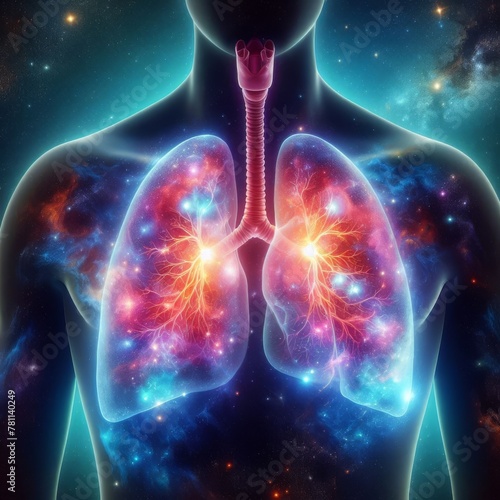 Artistic rendition of human lungs and bronchi superimposed with a cosmic starry background, symbolizing the breath of the universe.. AI Generation