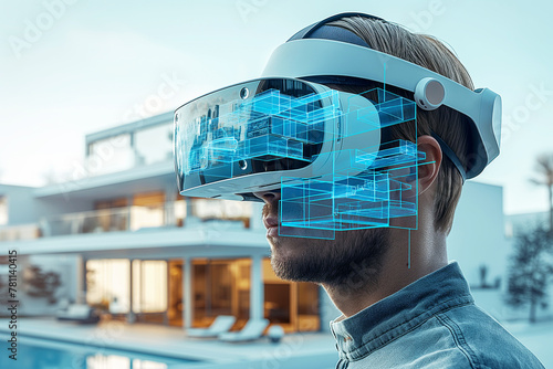 male architect in virtual reality glasses designs a house design. Adult man designer wearing headset goggles with augmented reality technology photo