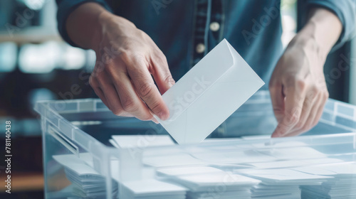 The voter holds his vote ballot paper and places it in the ballot box. Election concept. person voting during elections. close-up of male hand inserting ballot into transparent ballot box. voting photo