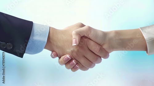 A handshake between a businesswoman and a businessman against a bright, optimistic background, conveying trust and mutual respect. 