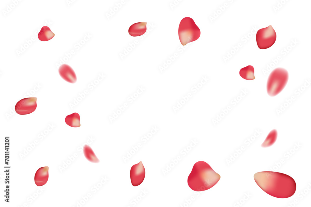 Realistic red rose petals on white background, for card, march 8, birthday, mothers day