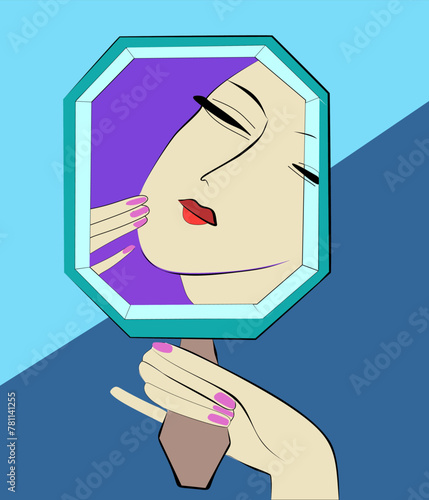 24-78.epsA stylized representation of a female face is shown reflected in an octagonal mirror, with a hint of a pensive or serene expression. The background is split into two shades of blue, creating 