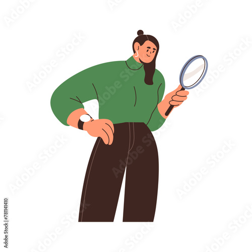 Business woman searching with magnifying glass lens. Person with magnifier in hand, finding, looking for work. Research, analysis concept. Flat graphic vector illustration isolated on white background