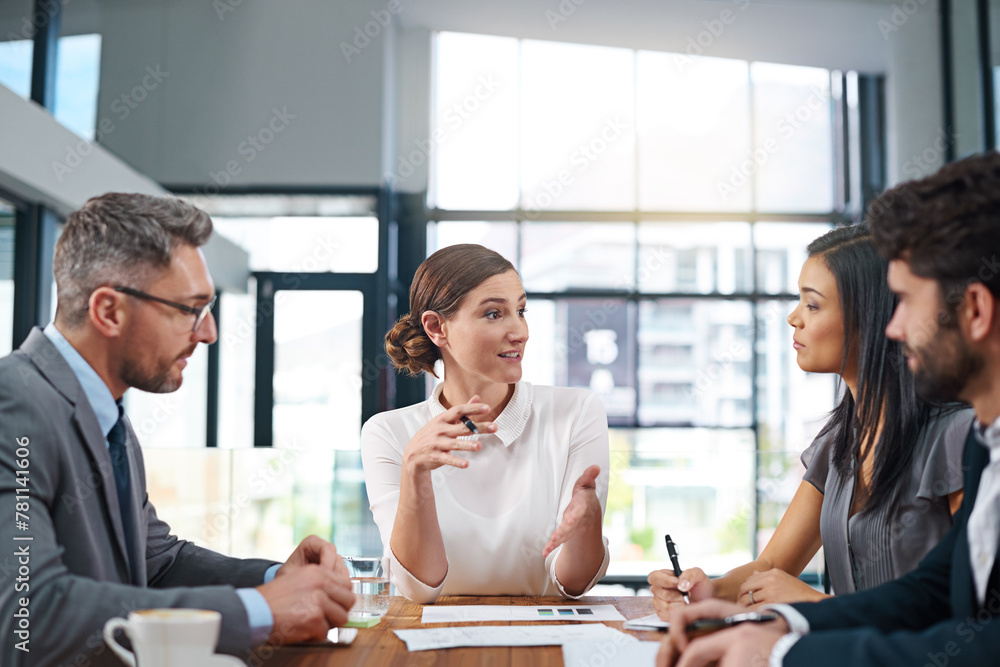 Fototapeta premium Financial, planning and people in meeting at office with strategy for budget from project manager. Business, communication and schedule collaboration in London company with discussion of document
