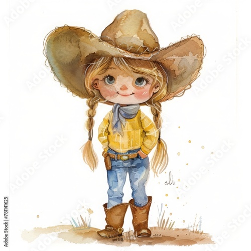 cute watercolor baby cowgirl, in cowgirl outfit on white background