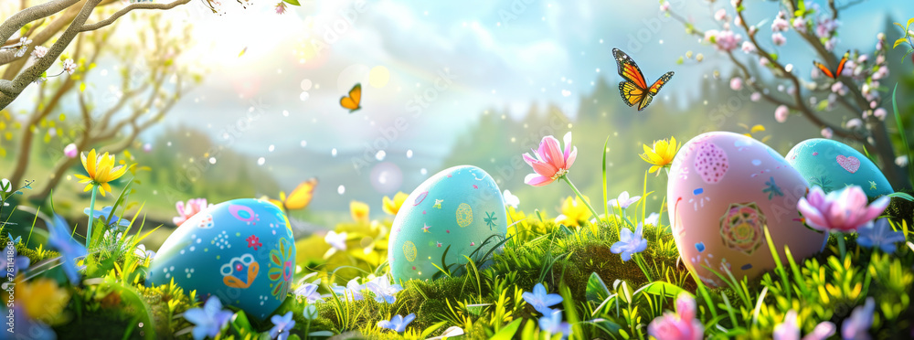 Beautiful Easter background with colorful eggs, flowers and butterflies in the grass