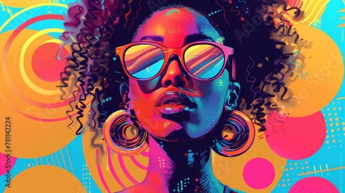 Vibrant Pop Art Portrait of a Young African American Woman with Sunglasses