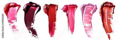 Smears of different beautiful lipsticks on transparent background. Makeup product swipe samples. set photo