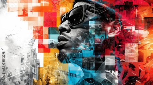 Urban Chic: Young African-American Man in Stylish Sunglasses Against a Vibrant Cityscape Collage