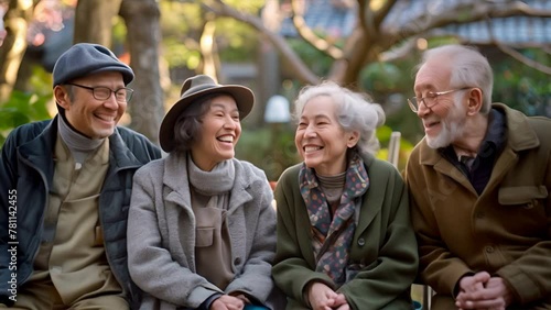 Asian seniors chatting happily in the park,generative ai