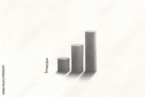 Illustration of man thinking about rising stairs to reach the top of the tower, business concept