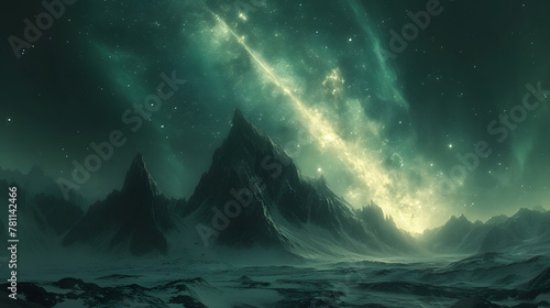 Aurora borealis over mountainous landscape with meteor strike and Milky Way. Science fiction and space exploration concept. Poster design with realistic textures and black background. Scenic landscape