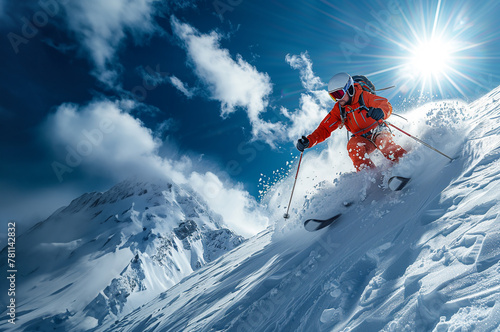 skier in a red suit descends from a dangerous mountain photo