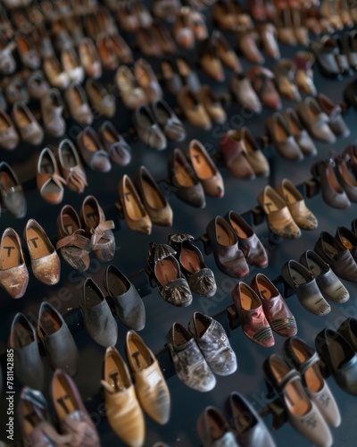 Artistic Display of Vintage Women's Shoes Collection in Dimly Lit Interior