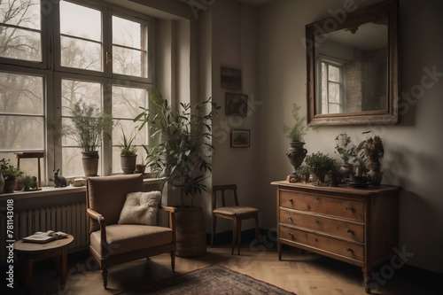 Stilvolle Vintage-Einrichtung mit Holzm  beln und Zimmerpflanzen in einem lichtdurchfluteten Raum mit hohen Fenstern