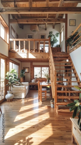 Sunlit Modern Wooden Loft Interior with Contemporary Design Elements