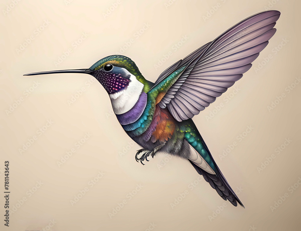 Obraz premium Zeichnung fliegender Kolibri mit weißem Bauch