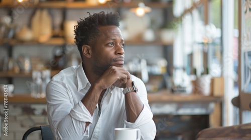 Pensive African-American Man Reflecting Solo in Cafe during Daytime