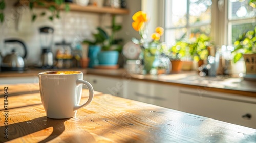 Sunny Morning Kitchen Scene with Steaming Coffee Cup on Wooden Table