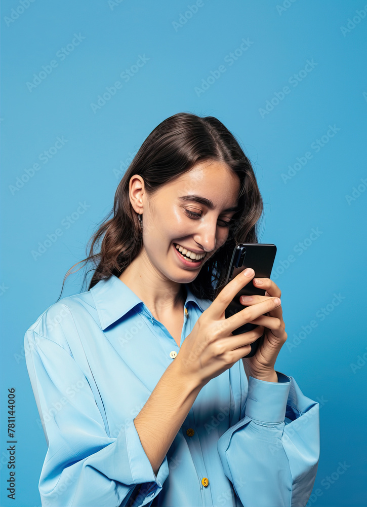 Woman on a blue background looks at the phone and smiles
Woman on a blue background looks at the phone and smiles