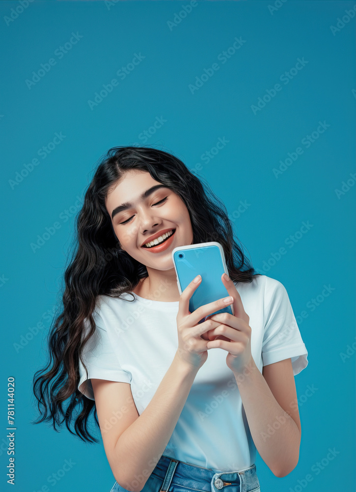 Woman on a blue background looks at the phone and smiles
Woman on a blue background looks at the phone and smiles