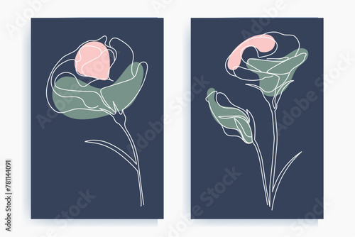 Set of posters with outline pastel flowers. Botanical wall art photo