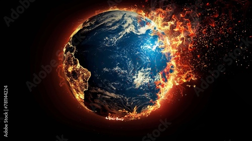 Behold Earth, veiled in infernal embrace, a stark depiction of the climate crisis. Each flame whispers urgency, pleading for swift measures to quench this fiery menace and restore balance. 