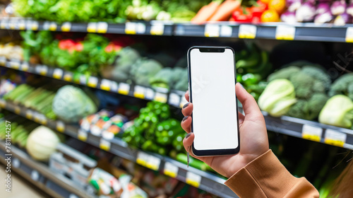 Woman doing grocery shopping at the supermarket, she is purchasing items with a smartphone: augmented reality and commerce, online shopping, food delivery concept. Blank screen mock up