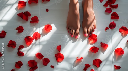 Woman's Feet Surrounded by Rose Petals in Sunlit Room - Femininity and Relaxation Concept