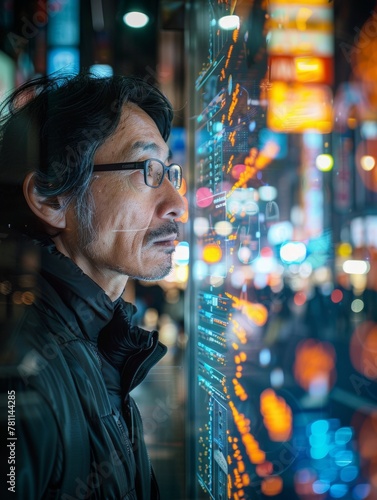 Senior Asian Man Contemplatively Gazing Through Window in Urban Night Setting