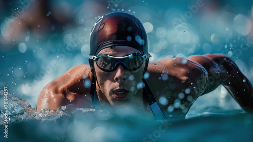 Professional male swimmer in swimming cap and goggles photo