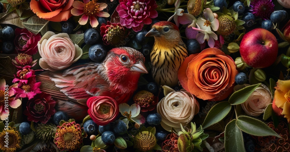 Lush floral arrangement with vibrant bird and fruits