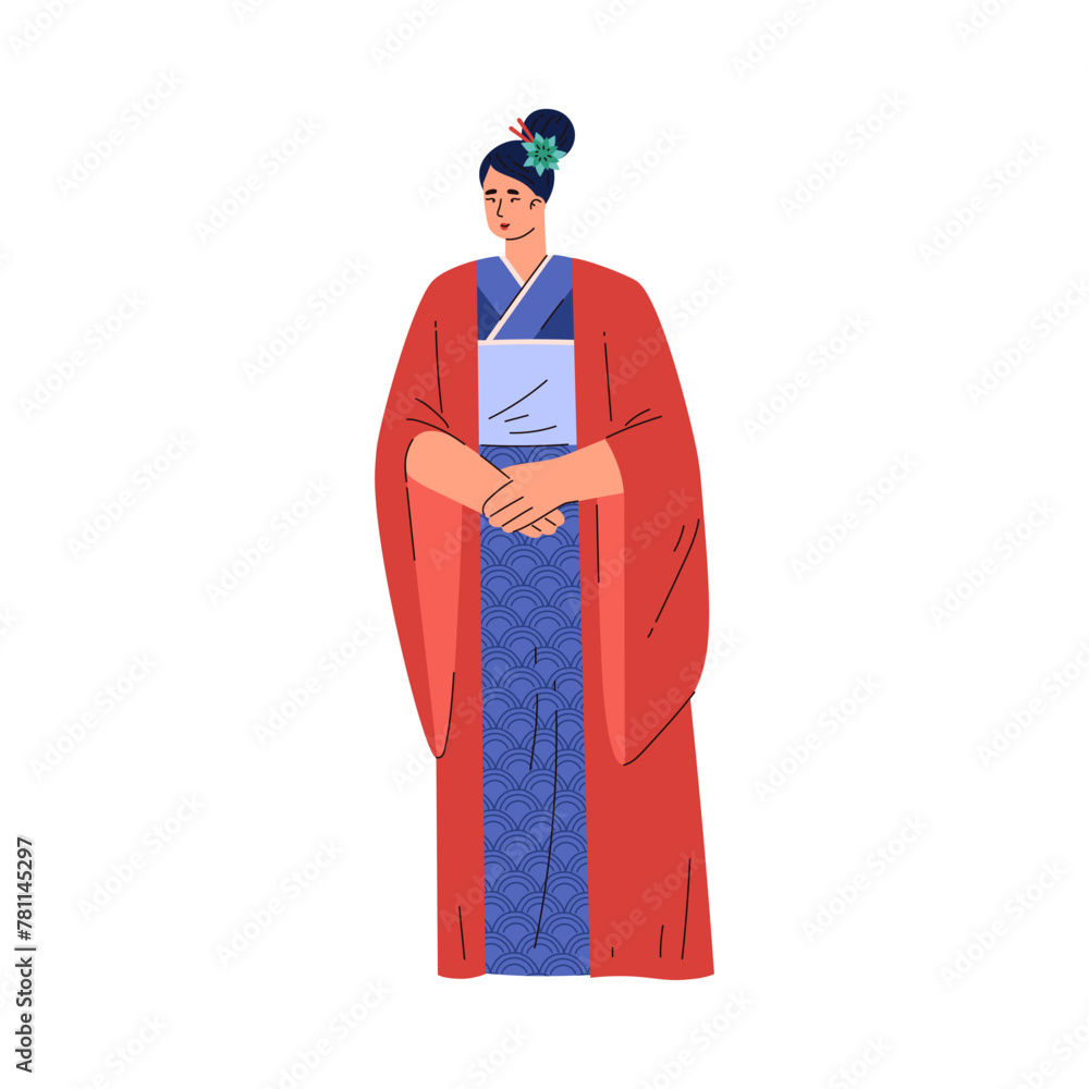 Beautiful Japanese woman in traditional costume red kimono vector, geisha with flower in hair, Asian female fashion