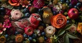Lush floral arrangement with vibrant bird and fruits