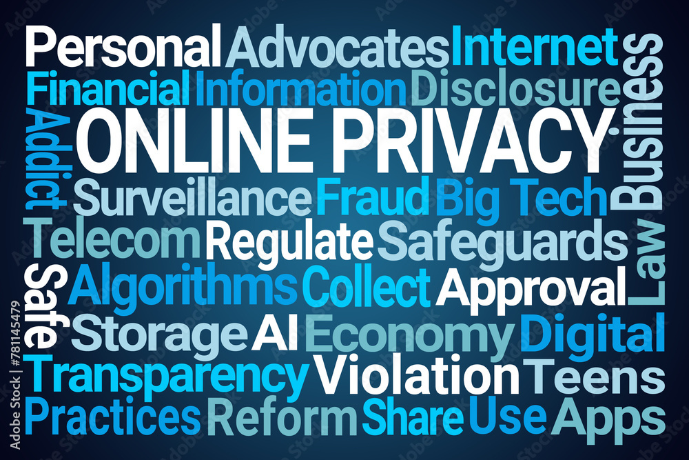 Online Privacy Word Cloud on Blue Background Online Privacy Word Cloud on Blue Background