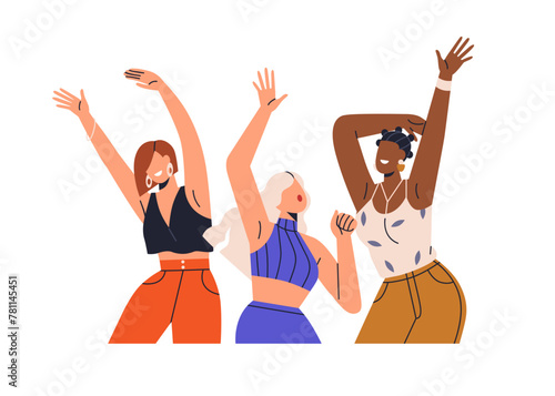 Happy excited girls dancing at party. Young women friends celebrating, rejoicing with arms up. Girlfriends having fun and celebration at disco. Flat vector illustration isolated on white background
