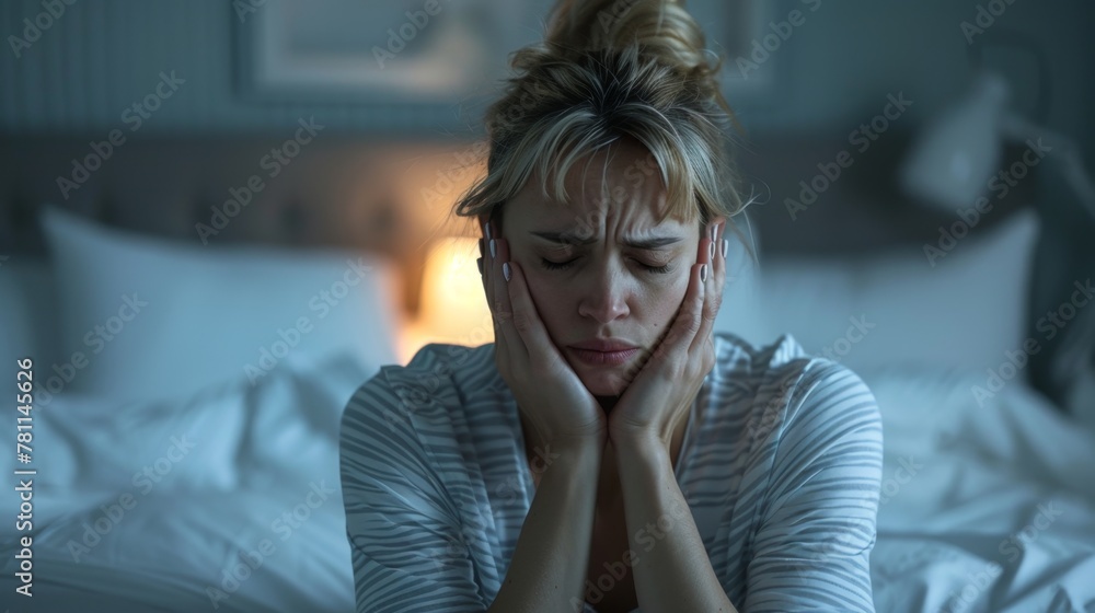 With an anguished expression, she sits on her bed, hands pressed to her temples, grappling with either a severe headache or sleeplessness.
With an anguished expression, she sits on her bed, hands pressed to her temples, grappling with either a severe headache or sleeplessness.